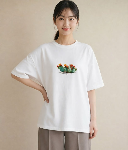 デザインTシャツ レディース サボテン 植物 ボタニカル イラスト ガーリー 夏コーデ 通学 白T YMAZO