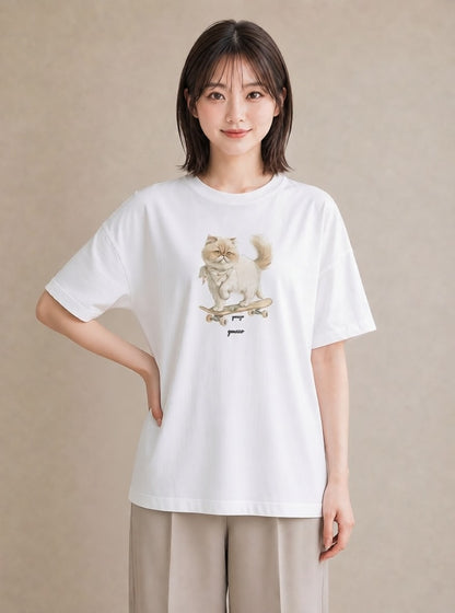 デザインTシャツ レディース エキゾチックショートヘア 猫 ねこ イラスト シンプル 通勤 在宅 白T YMAZO