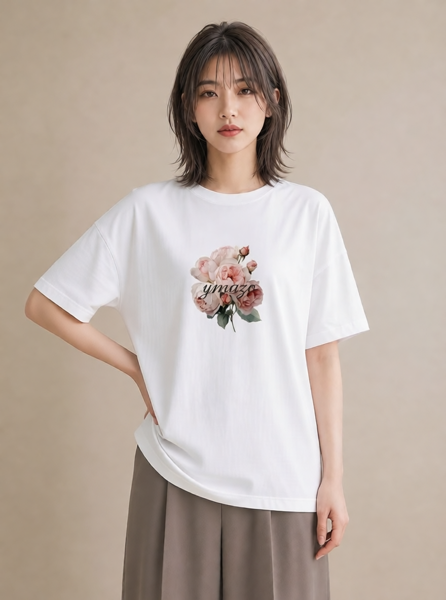半袖Tシャツ レディース バラ 薔薇 ローズ 花 花柄 イラスト こなれ感 部屋着 女性向けギフト 白T