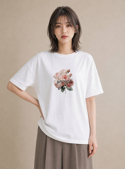 半袖Tシャツ レディース バラ 薔薇 ローズ 花 花柄 イラスト こなれ感 部屋着 女性向けギフト 白T
