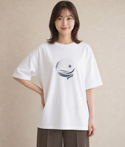 グラフィックTシャツ レディース 月と星 星空 ムーン イラスト 淡色 散歩 お出かけ 白T YMAZO