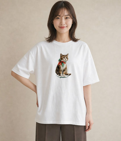 デザインTシャツ レディース サビ猫 猫 ねこ イラスト 北欧風 普段着 週末コーデ 白T YMAZO