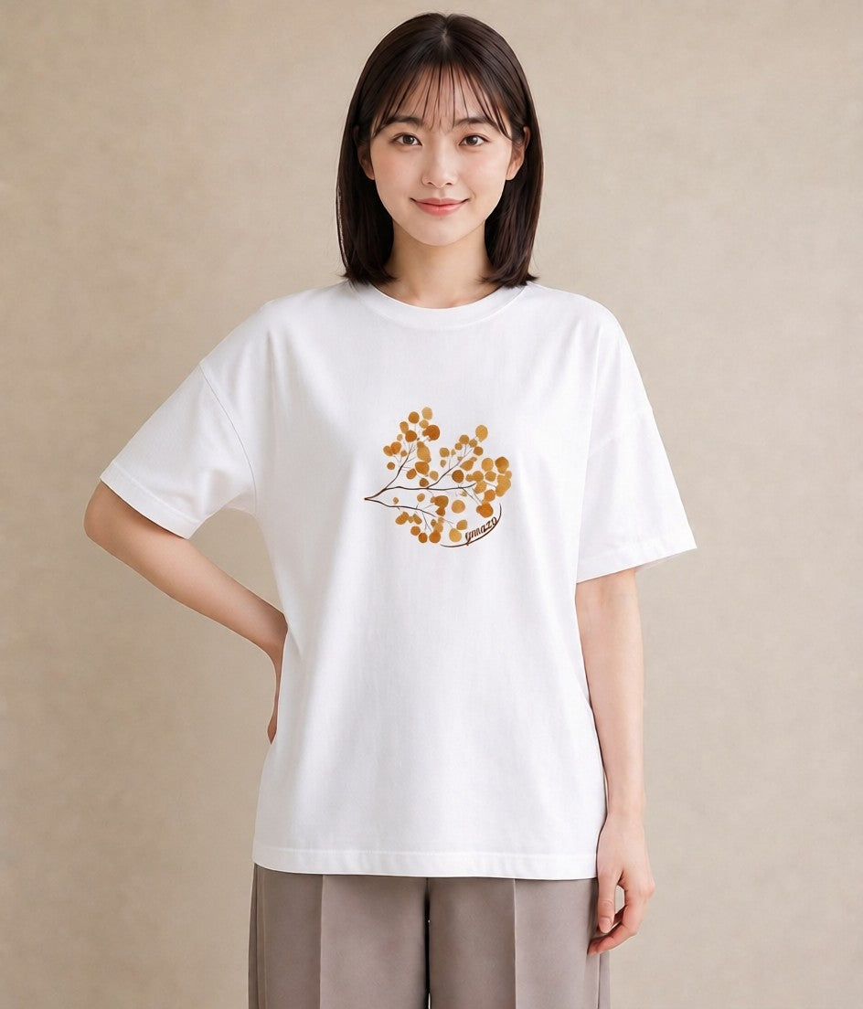 グラフィックTシャツ レディース 落ち葉 植物 ボタニカル イラスト 韓国風 レイヤード 友達ギフト 白T YMAZO