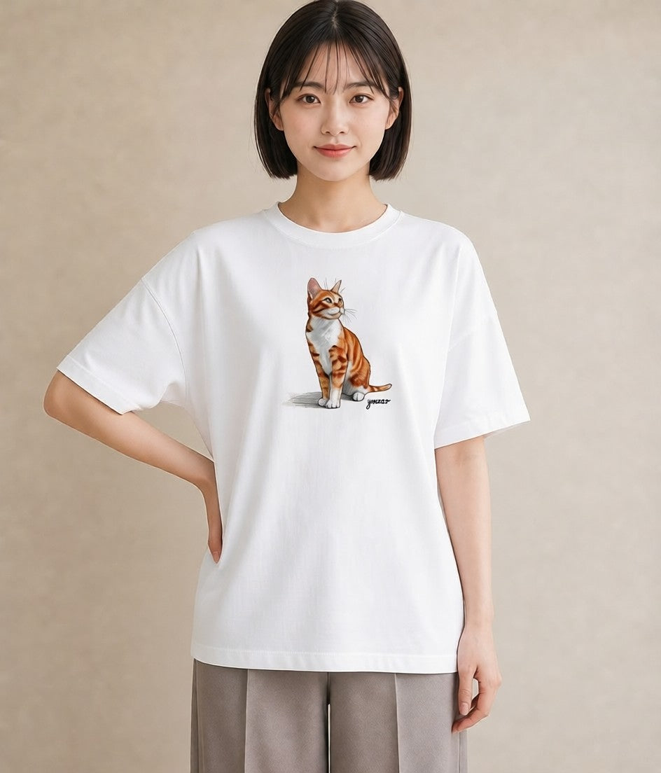 プリントTシャツ レディース おすわり猫 猫 ねこ イラスト モード 送別ギフト 通勤 白T YMAZO