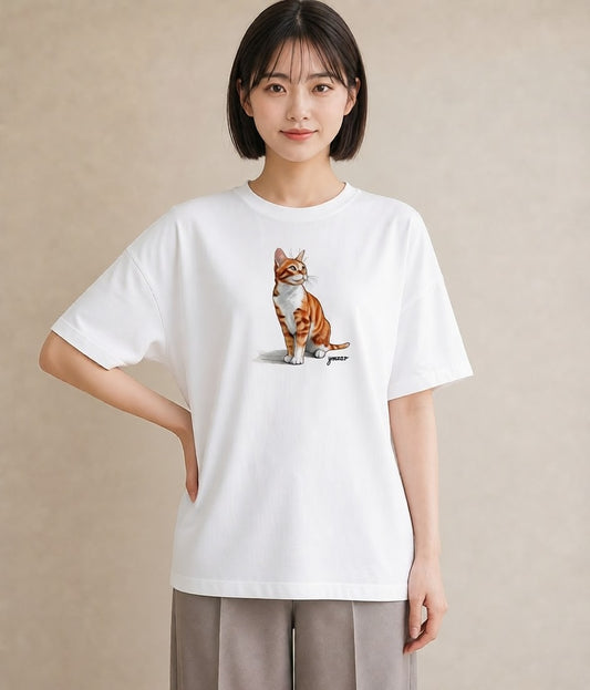 プリントTシャツ レディース おすわり猫 猫 ねこ イラスト モード 送別ギフト 通勤 白T YMAZO