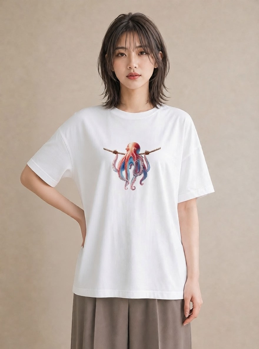 デザインTシャツ レディース イカ 海の生き物 海 イラスト ナチュラル 自分用 ルームウェア 白T YMAZO