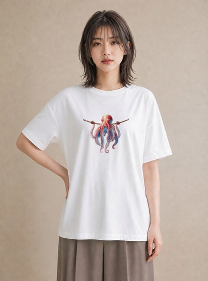 デザインTシャツ レディース イカ 海の生き物 海 イラスト ナチュラル 自分用 ルームウェア 白T YMAZO