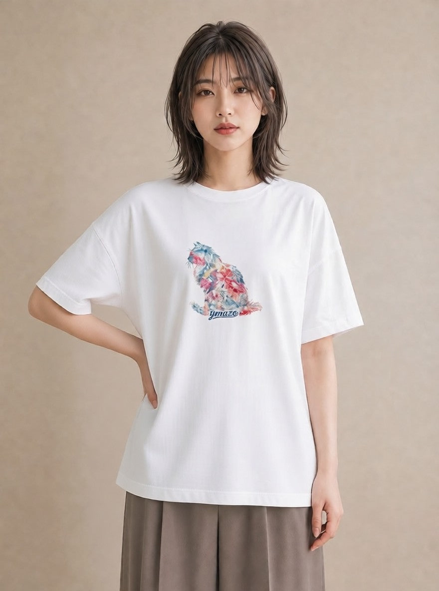 プリントTシャツ レディース シャム柄 猫 ねこ イラスト こなれ感 通勤 在宅 白T YMAZO