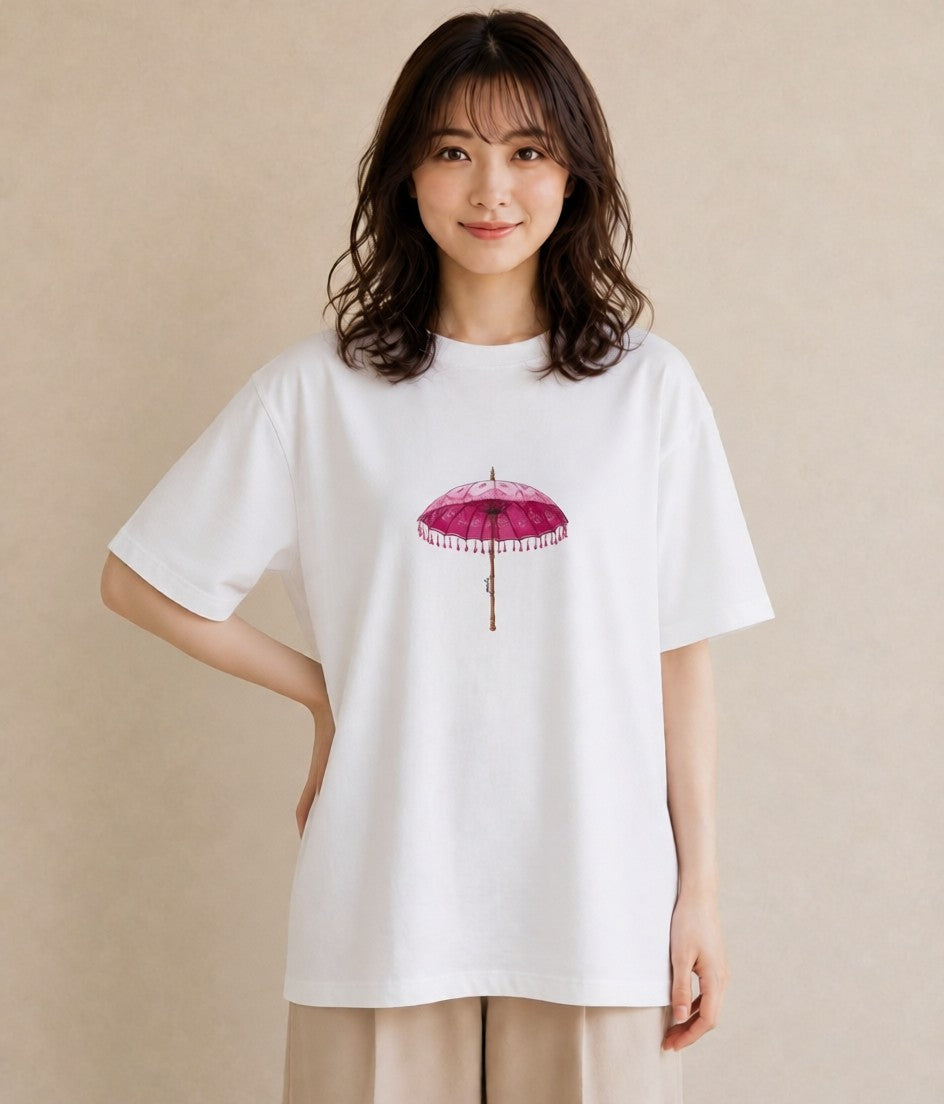 半袖Tシャツ レディース 傘 水たまり 雨 ナチュラル アンティーク イラスト レトロ 休日 ペアコーデ 白T YMAZO
