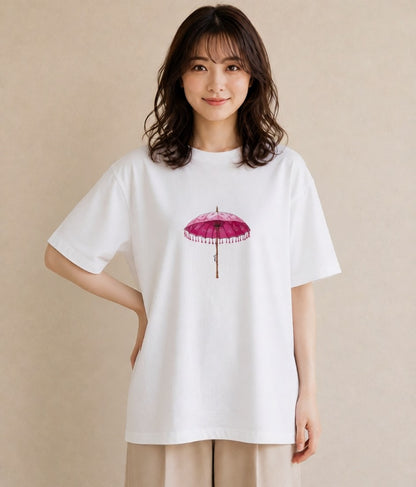 半袖Tシャツ レディース 傘 水たまり 雨 ナチュラル アンティーク イラスト レトロ 休日 ペアコーデ 白T YMAZO