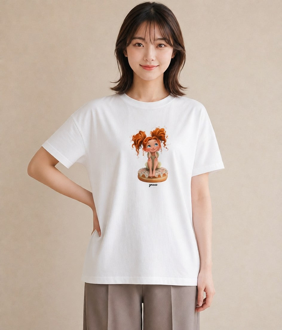 グラフィックTシャツ レディース ドーナツ 食べ物 フード イラスト フェミニン ビーチ デイリーウェア 白T YMAZO