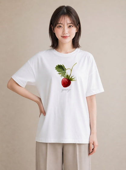 半袖Tシャツ レディース いちご 苺 ストロベリー 食べ物 フード イラスト 韓国風 春服 ミセス 白T YMAZO