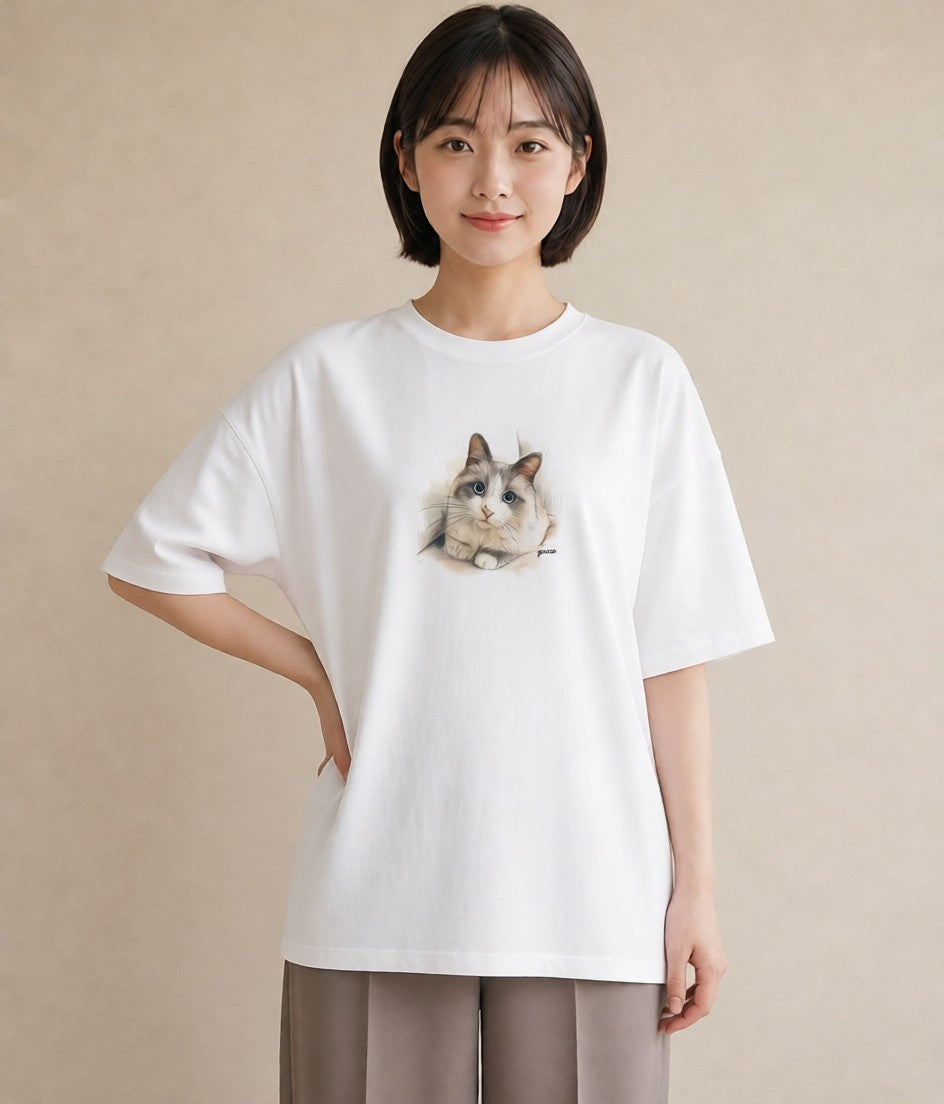 Tシャツ レディース 猫 ねこ イラスト 北欧風 デート 帰省 白T YMAZO