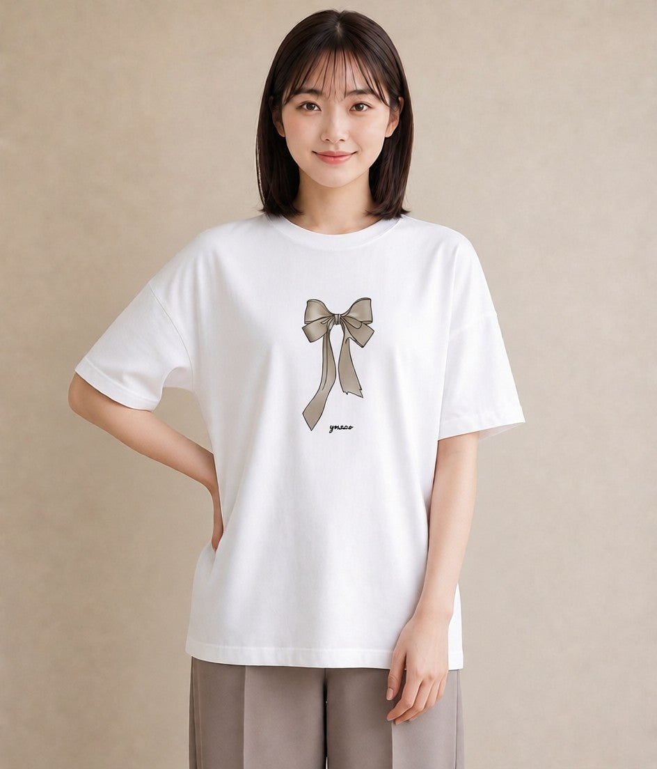 プリントTシャツ レディース リボン ボウ りぼん イラスト モード ホワイトデー 春服 白T YMAZO