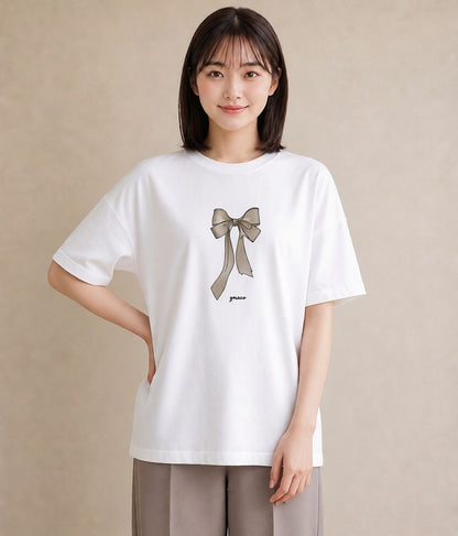 プリントTシャツ レディース リボン ボウ りぼん イラスト モード ホワイトデー 春服 白T YMAZO