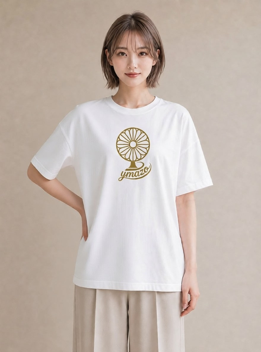 プリントTシャツ レディース 扇子 そよ風 ナチュラル アンティーク イラスト 可愛い カフェ服 クリスマス 白T YMAZO