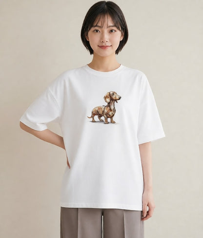 Tシャツ レディース ミニチュアダックスフンド 犬 いぬ イラスト 女性 旅行用 白T YMAZO