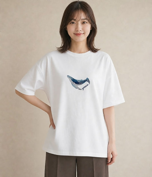 デザインTシャツ レディース クジラ 海の生き物 海 イラスト シンプル 休日 ペアコーデ 白T YMAZO