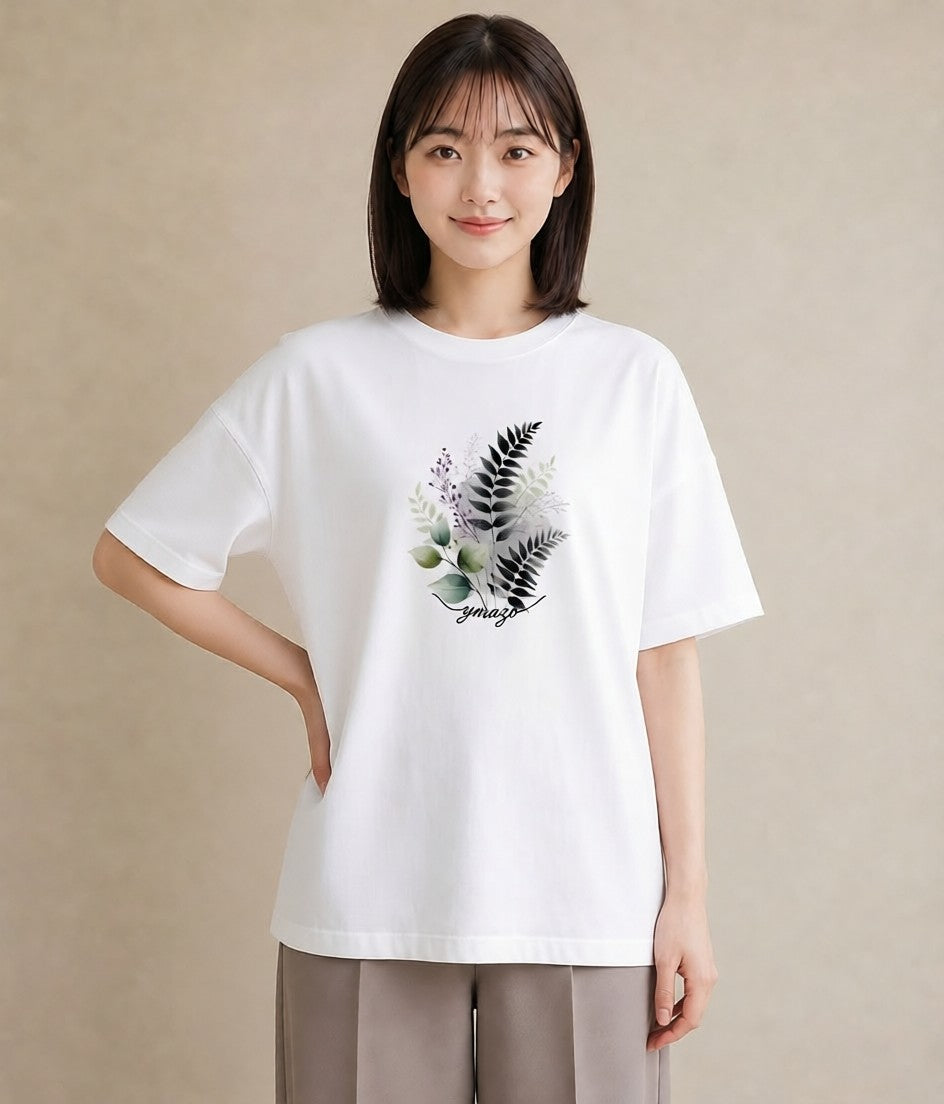 デザインTシャツ レディース シダ 植物 ボタニカル イラスト シック 帰省 ラフ 白T YMAZO