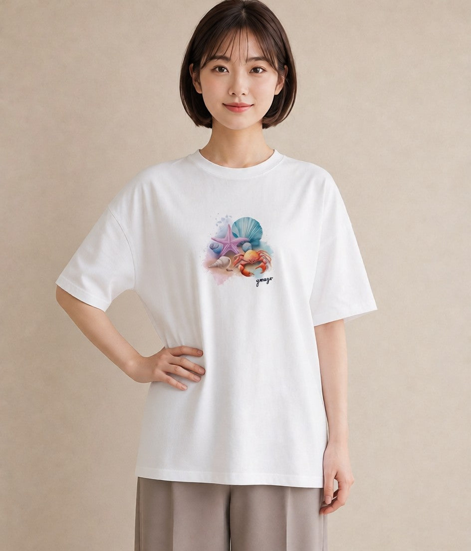 半袖Tシャツ レディース カニ 海の生き物 海 イラスト ユニーク 親子 20代 白T YMAZO