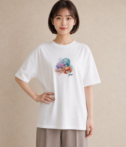 半袖Tシャツ レディース カニ 海の生き物 海 イラスト ユニーク 親子 20代 白T YMAZO
