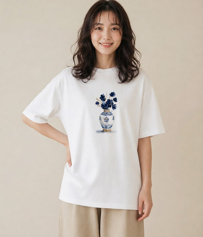 半袖Tシャツ レディース 夕暮れ バルコニー 夕焼け ナチュラル アンティーク イラスト デイリーウェア 休日 白T YMAZO