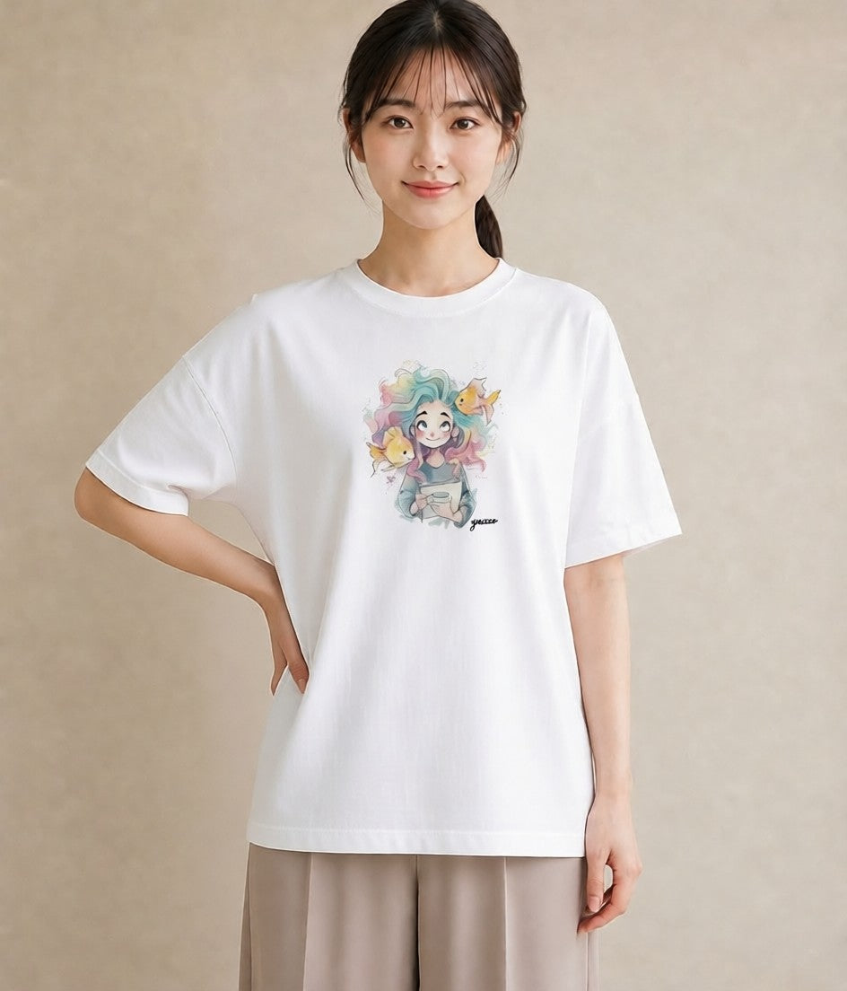 グラフィックTシャツ レディース 人魚 海の生き物 海 イラスト ガーリー 普段着 週末コーデ 白T YMAZO