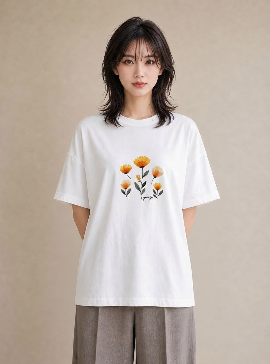 半袖Tシャツ レディース マーガレット 花 花柄 イラスト 淡色 送別ギフト 通勤 白T