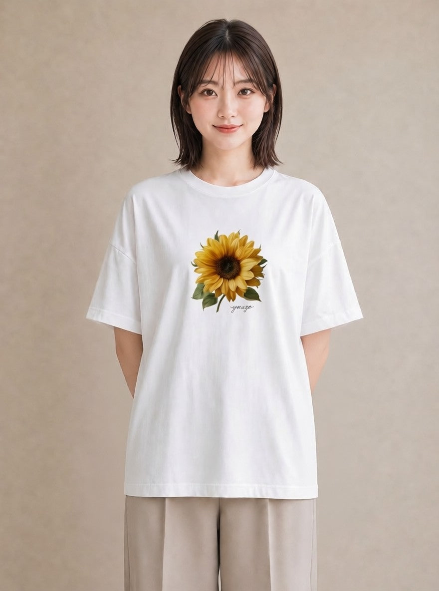 Tシャツ レディース ひまわり 向日葵 花 花柄 イラスト ミニマル 買い物 夏コーデ 白T YMAZO
