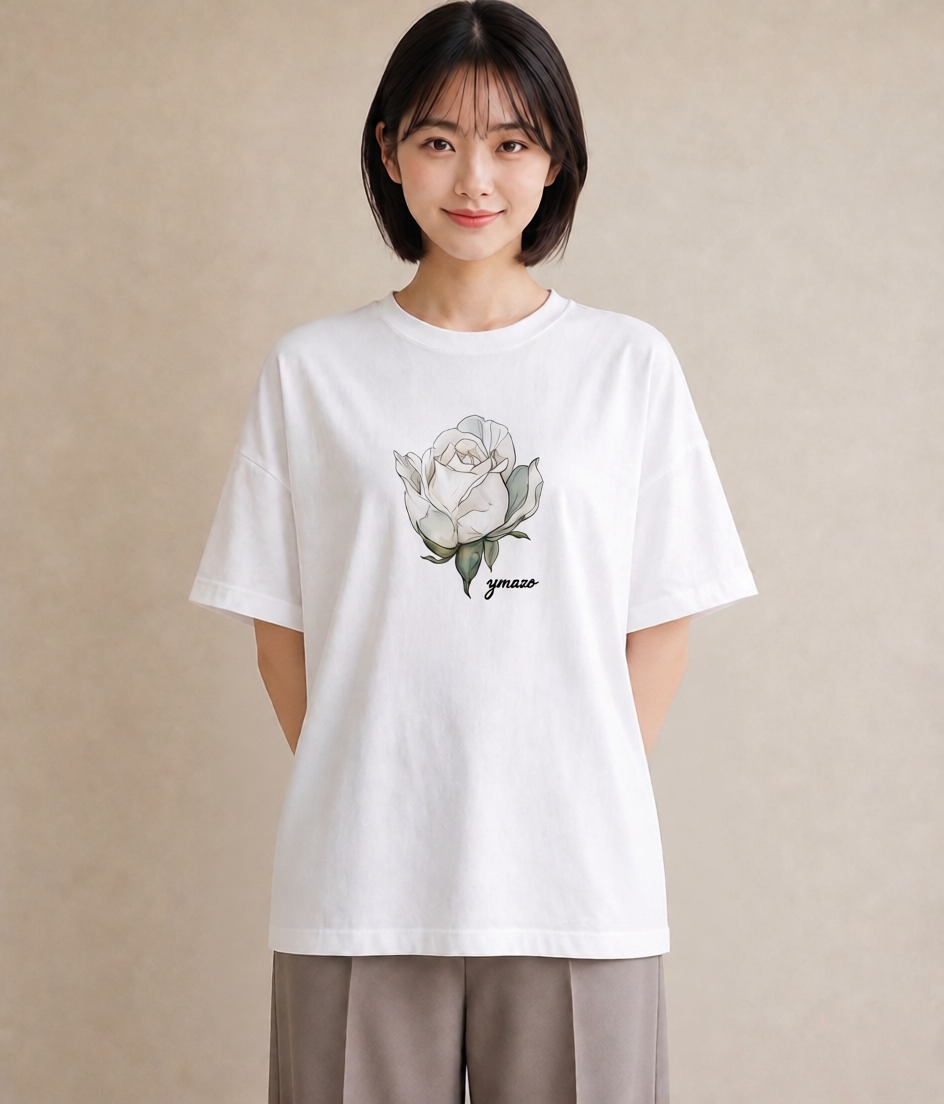 半袖Tシャツ レディース 椿 花 花柄 イラスト 上品 誕生日プレゼント 綿100 白T