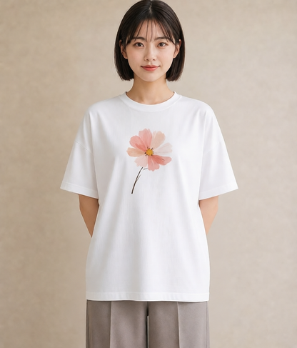 プリントTシャツ レディース ミモザ 花 花柄 イラスト ミニマル ペアコーデ 秋コーデ 白T