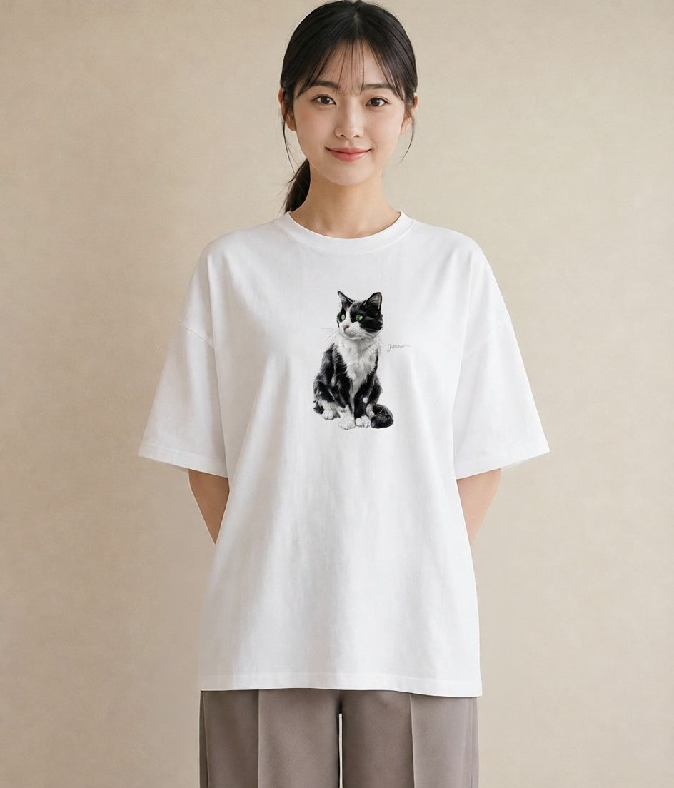 Tシャツ レディース メインクーン 猫 ねこ イラスト 淡色 通勤 在宅 白T YMAZO