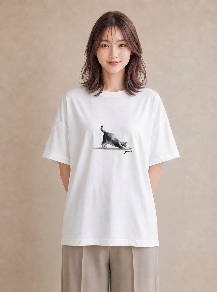 半袖Tシャツ レディース おすわり猫 猫 ねこ イラスト 淡色 送別ギフト 通勤 白T YMAZO