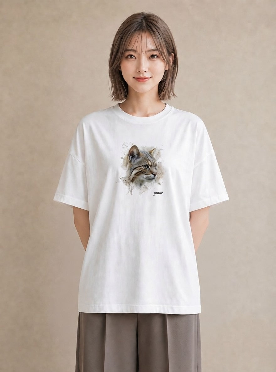 グラフィックTシャツ レディース ぶち猫 猫 ねこ イラスト アート風 クリスマス 旅行 白T YMAZO