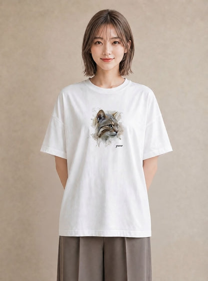 グラフィックTシャツ レディース ぶち猫 猫 ねこ イラスト アート風 クリスマス 旅行 白T YMAZO