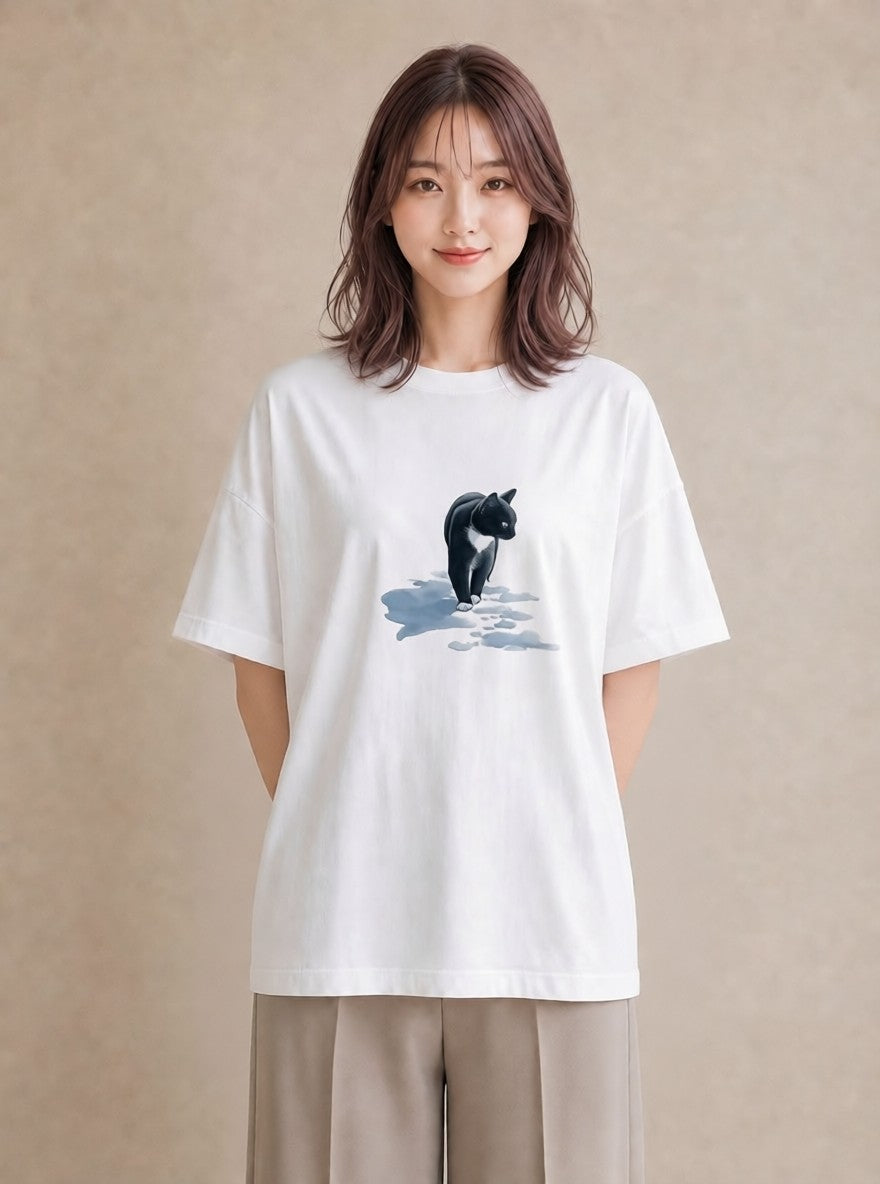 グラフィックTシャツ レディース 靴下猫 猫 ねこ イラスト 抜け感 自分用 ルームウェア 白T YMAZO