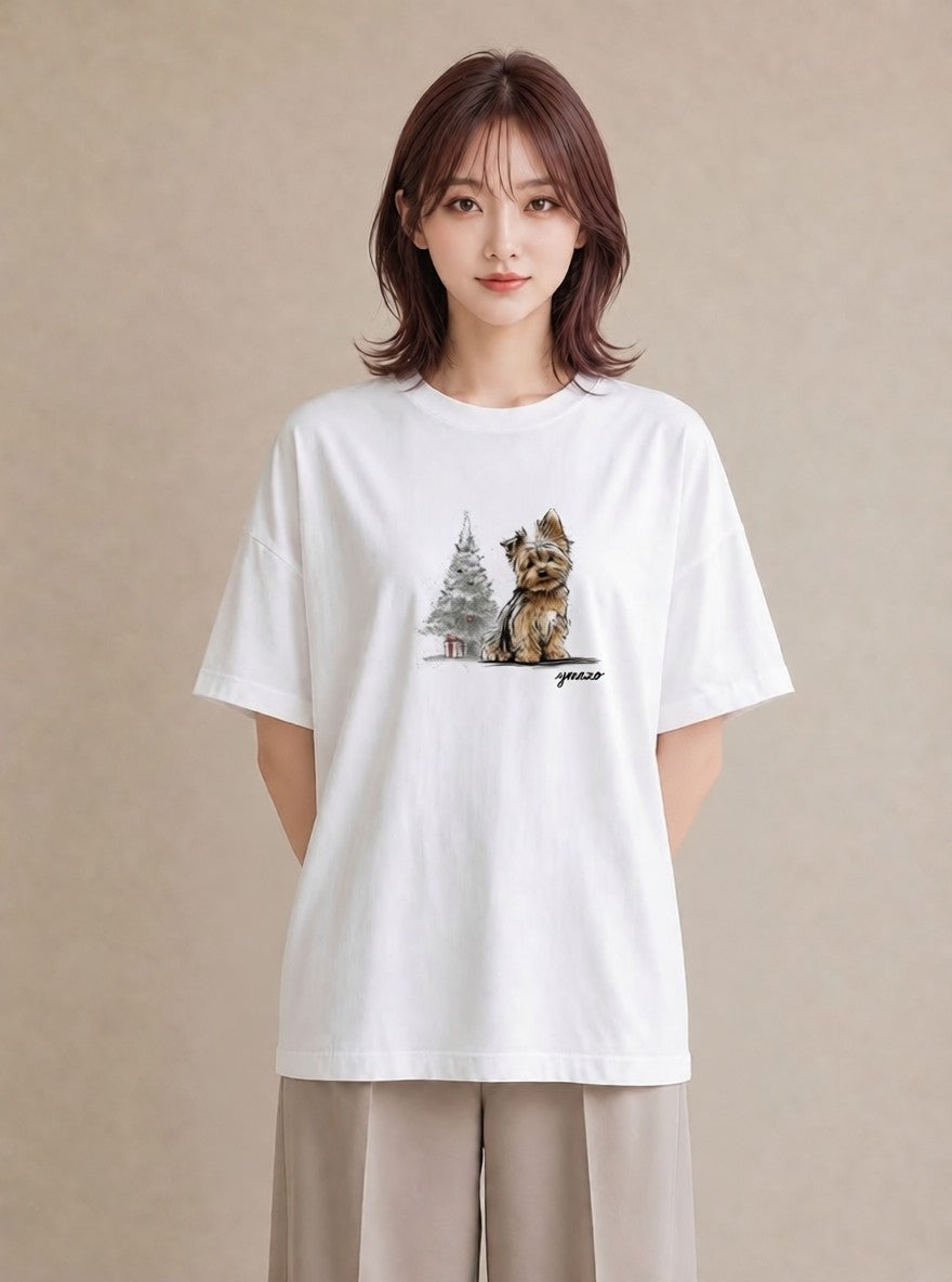 プリントTシャツ レディース ヨークシャーテリア 犬 いぬ イラスト ニュアンス 綿100 デート 白T YMAZO