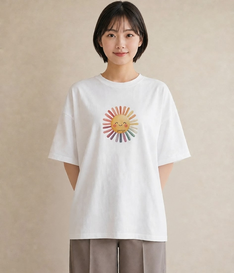 半袖Tシャツ レディース 太陽 星空 宇宙 イラスト 韓国風 カフェ服 クリスマス 白T YMAZO