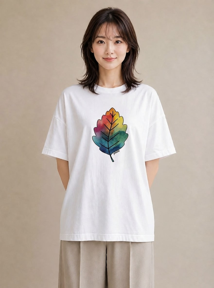グラフィックTシャツ レディース 落ち葉 植物 ボタニカル イラスト 上品 誕生日プレゼント 綿100 白T YMAZO