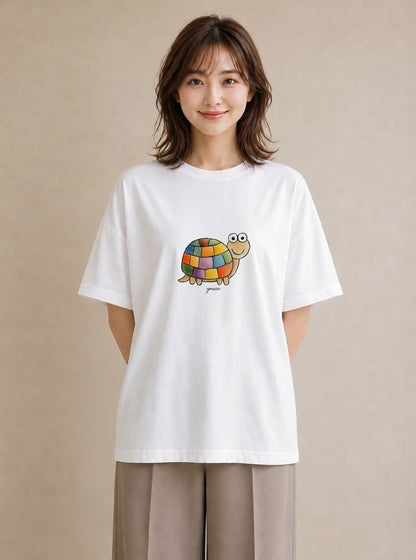 半袖Tシャツ レディース カメ ペット 動物 イラスト 普段使い 女子会 お揃い 白T YMAZO