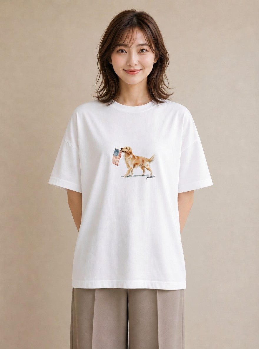 デザインTシャツ レディース ゴールデンレトリバー ゴールデン 犬 いぬ イラスト ガーリー カフェ服 クリスマス 白T YMAZO
