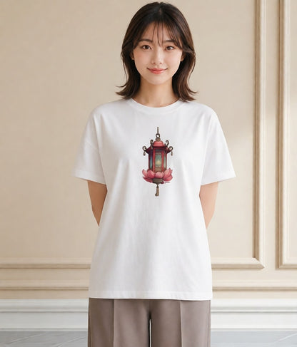半袖Tシャツ レディース 街灯 夜霧 夜 ナチュラル アンティーク イラスト シンプル ホワイトデー 春服 白T YMAZO