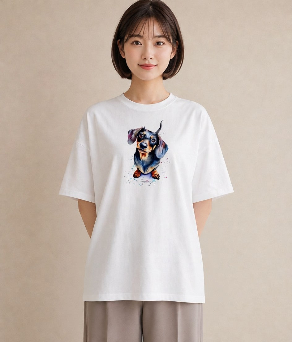 半袖Tシャツ レディース ミニチュアダックスフンド 犬 いぬ イラスト ヴィンテージ風 ギフト 母の日 白T YMAZO