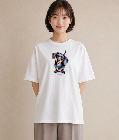 半袖Tシャツ レディース ミニチュアダックスフンド 犬 いぬ イラスト ヴィンテージ風 ギフト 母の日 白T YMAZO