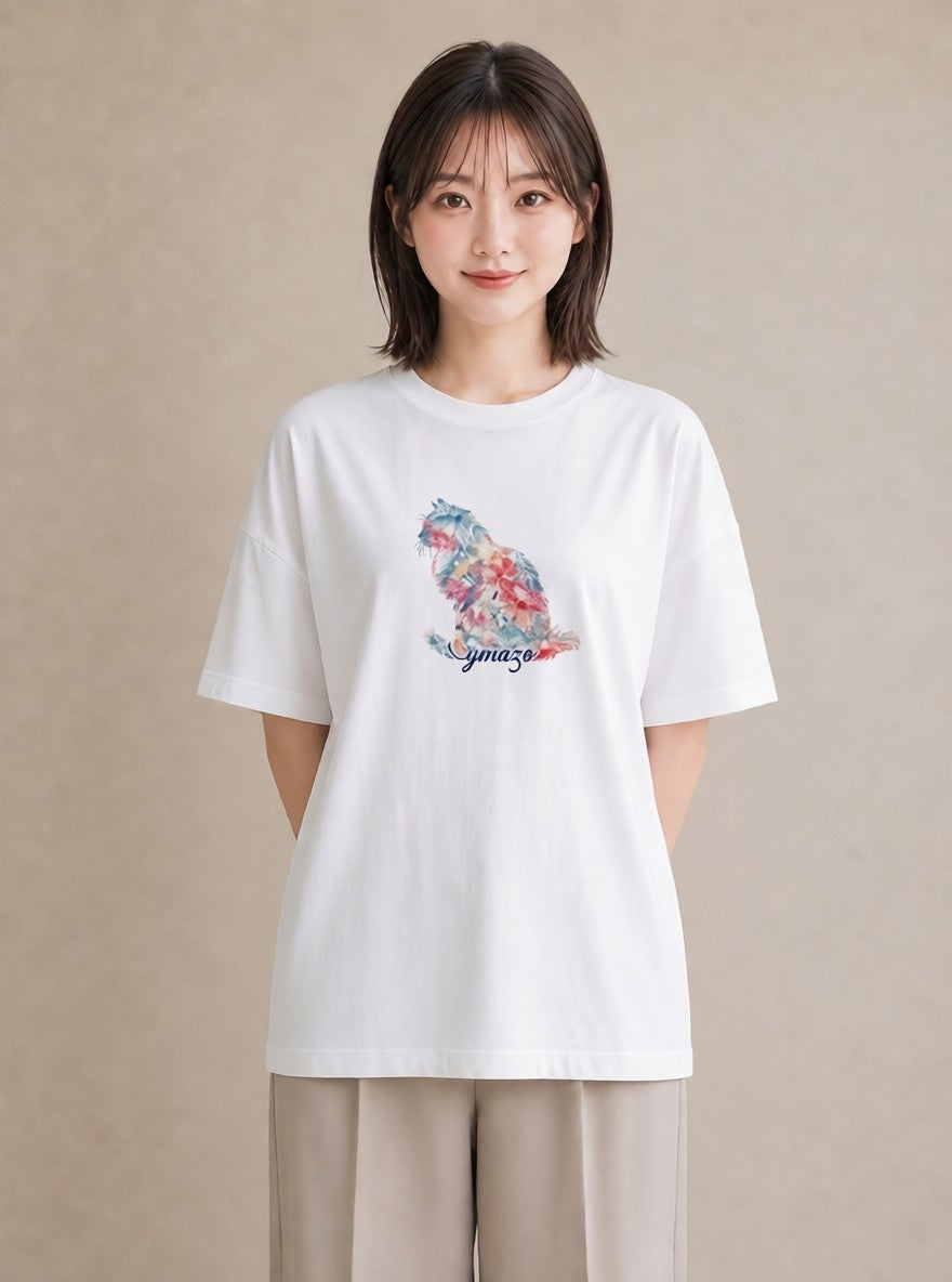 半袖Tシャツ レディース 愛猫 猫 ねこ イラスト お洒落 通勤 在宅 白T YMAZO