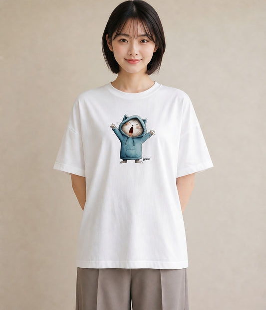 半袖Tシャツ レディース ニャンコ 猫 ねこ イラスト こなれ感 敬老の日 ホワイトデー 白T YMAZO