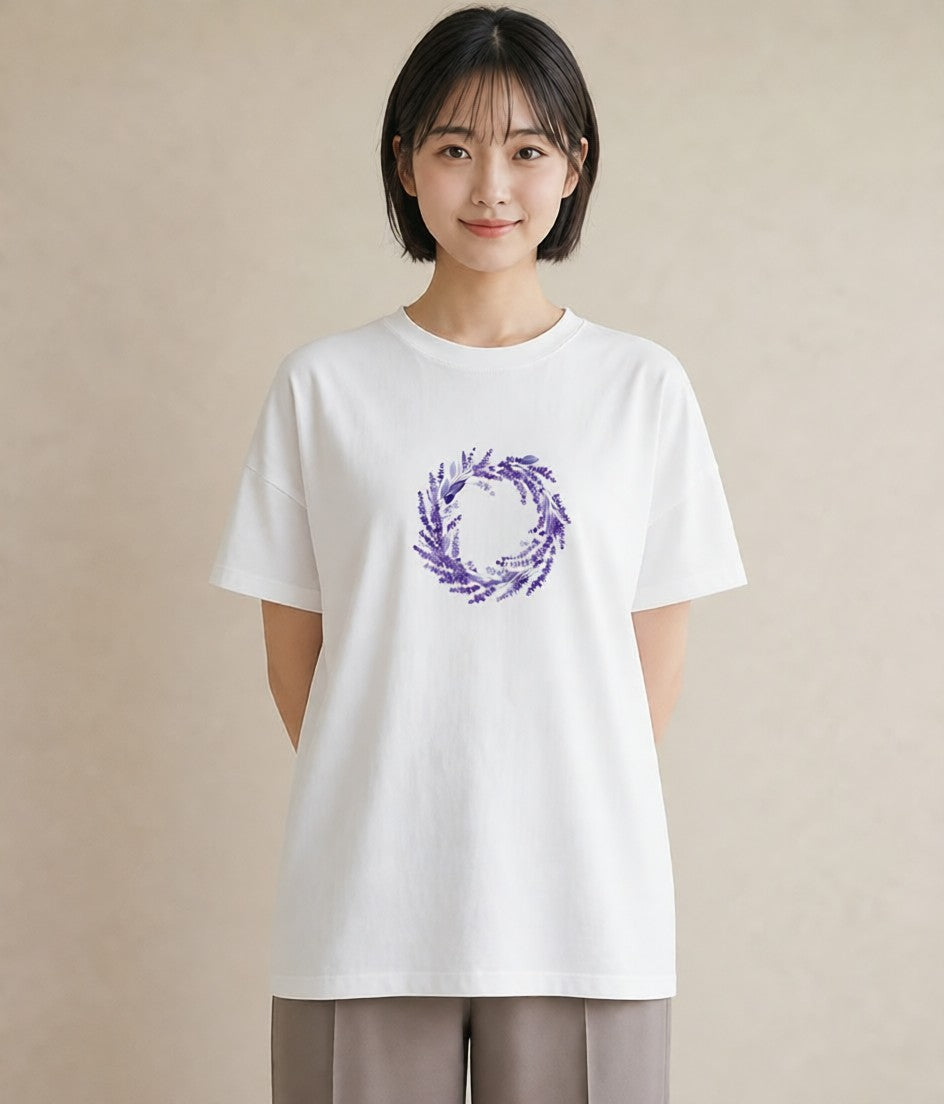 半袖Tシャツ レディース ラベンダー 花 花柄 イラスト 買い物 夏コーデ 白T YMAZO