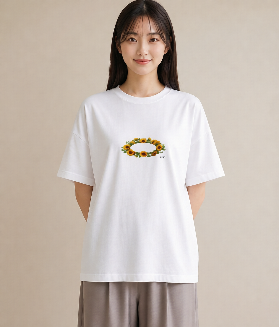 プリントTシャツ レディース ひまわり 向日葵 花 花柄 イラスト 休日コーデ 女性向けギフト 散歩 白T YMAZO