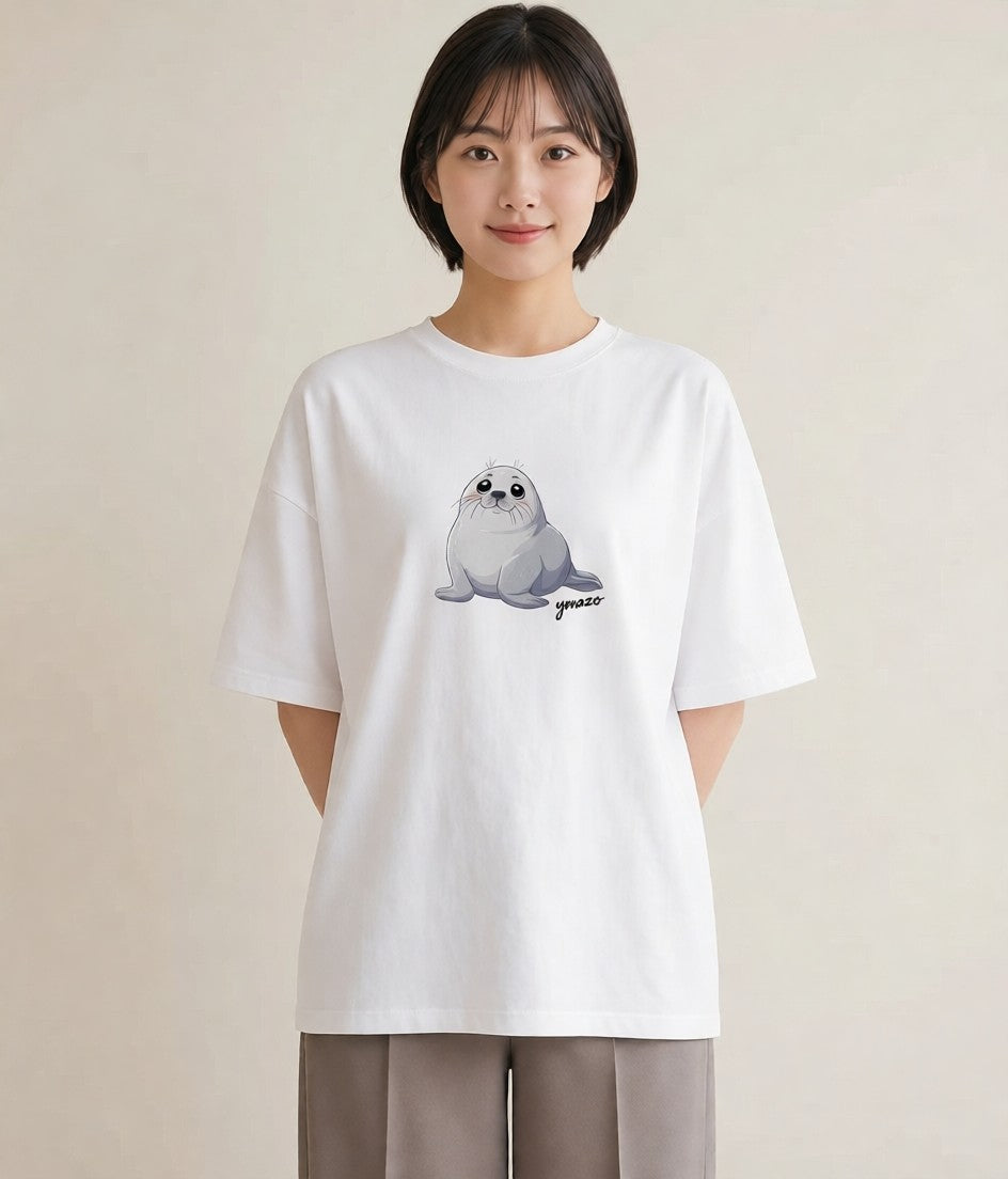 半袖Tシャツ レディース ゴマフアザラシ 動物 アニマル イラスト 個性的 部屋着 女性向けギフト 白T YMAZO