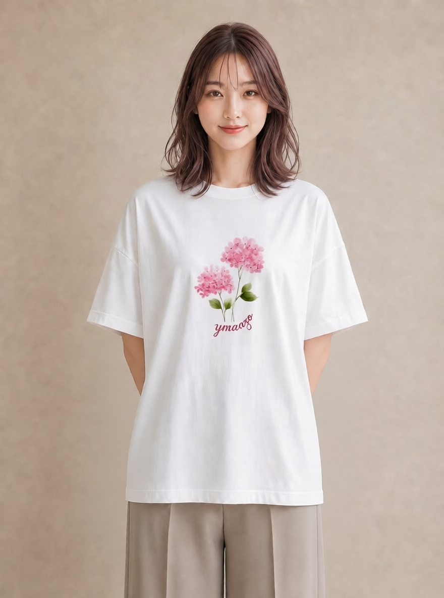 半袖Tシャツ レディース あじさい 紫陽花 アジサイ 花 花柄 イラスト 線画 休日 ペアコーデ 白T YMAZO